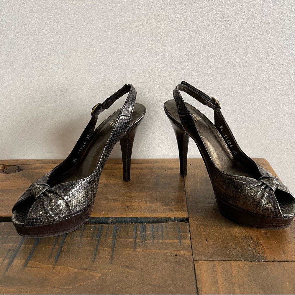 STUART WEITZMAN Metallic Peep Toe Sling Back Heels - Picture 5 of 9